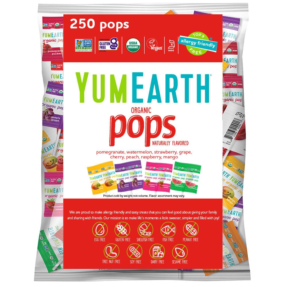 YumEarth Organic Pops Variety Pack, 40 Fruit Flavored Favorites Lollipops, Allergy Friendly, Gluten Free, Non-GMO, Vegan, No Artificial Flavors or Dyes