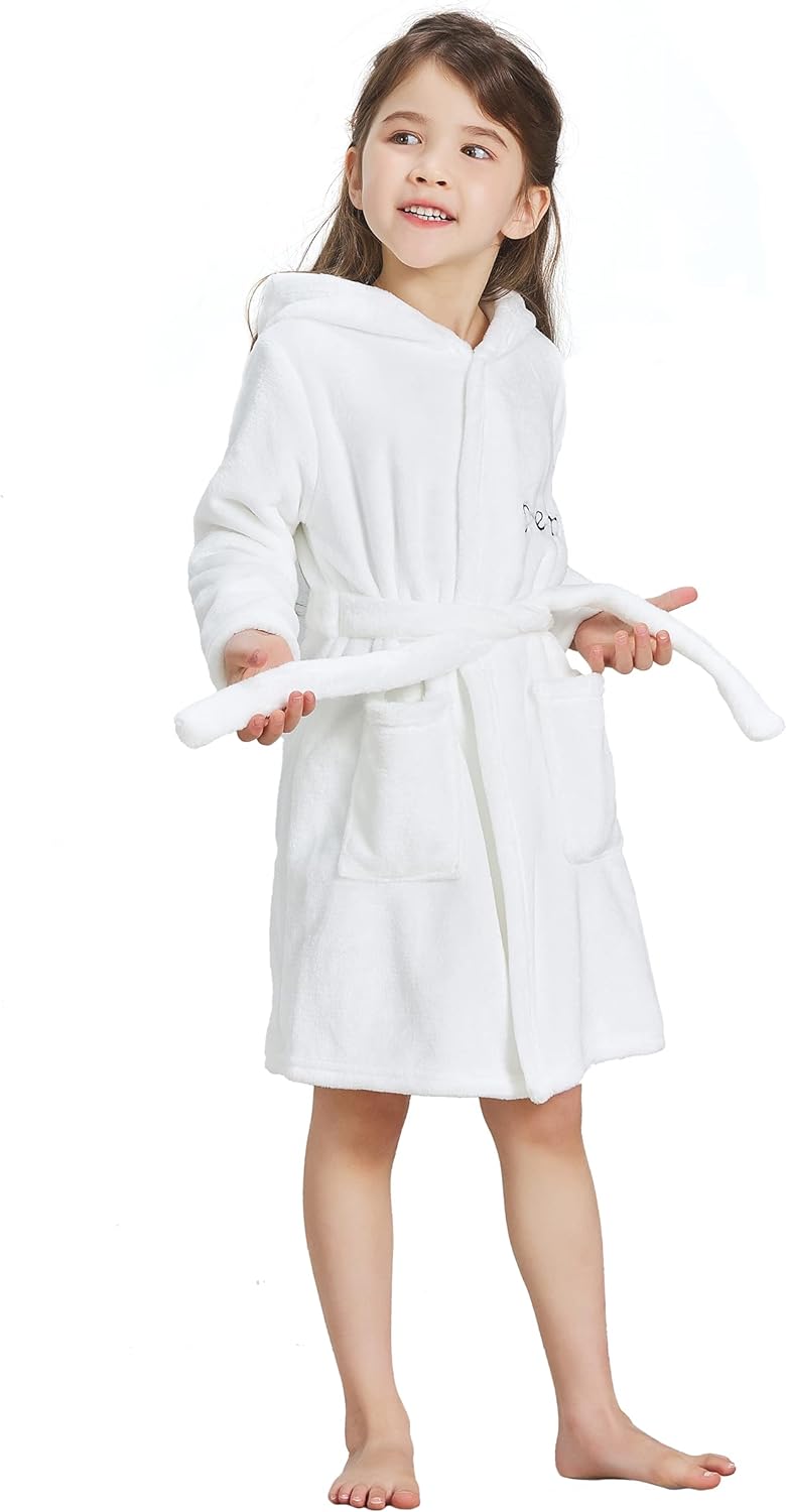 ECHERY Boys Girls Robe Hooded Bathrobe Toddler Robes Soft Coral Fleece Pajamas Unisex Dressing Gown for Kids