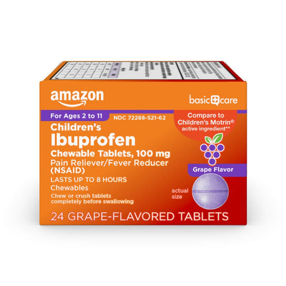 Amazon Basic Care Children's Ibuprofen Chewable Tablets 100 mg, Grape Flavor, Pain Reliever and Fever Reducer (NSAID), For Sore Throat, Toothache, Headache Relief and More, 24 Count