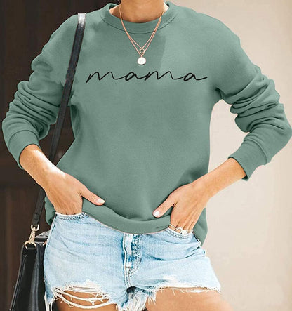 Womens Crewneck Sweatshirt Mama Letter Print Long Sleeve Loose Fashion Pullover Top