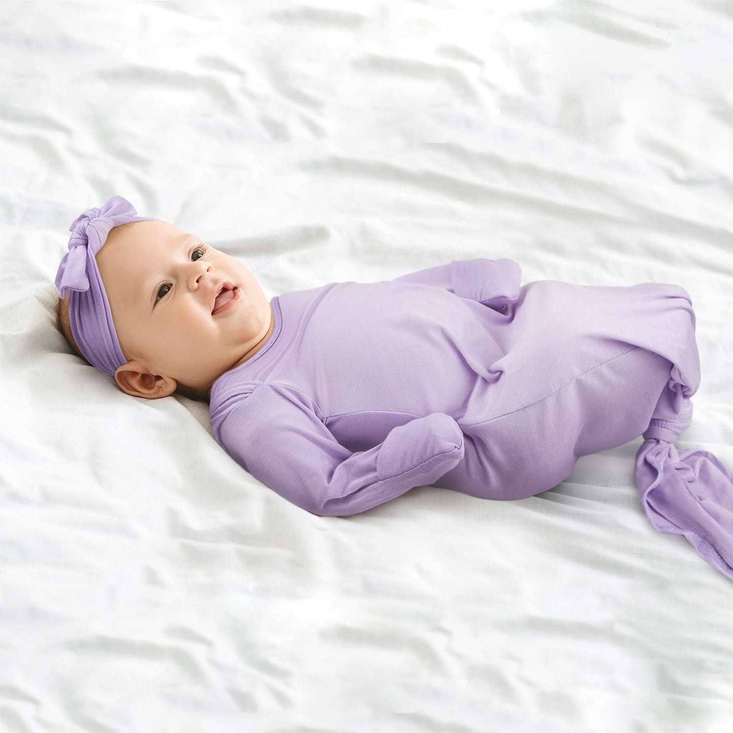 Newborn Baby Knotted Gown, Super Soft Silky Infant Long Sleeve Sleeper for Baby Girl and Boy Sleeping Bag with Hat