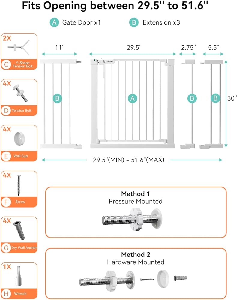 COMOMY 36" Extra Tall Baby Gate for Stairs Doorways, Fits Openings 29.5" to 48.8" Wide, Auto Close Extra Wide Dog Gate for House, Pressure Mounted Easy Walk Through Pet Gate with Door, Black