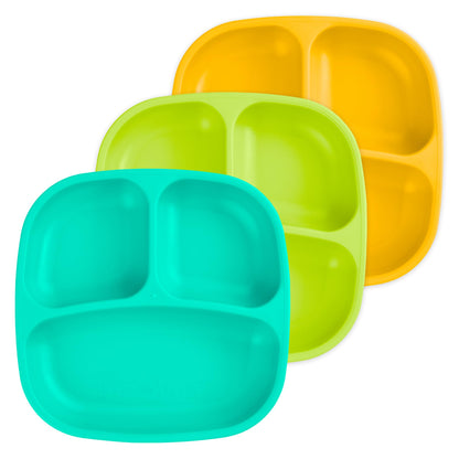 Re-Play Made in USA 7" Deep Walled Divided Plates for Kids, Set of 3 Without Lid - Reusable 3 Compartment Plates, Dishwasher and Microwave Safe - 7.37" x 7.37" x 1.25", Modern Aqua