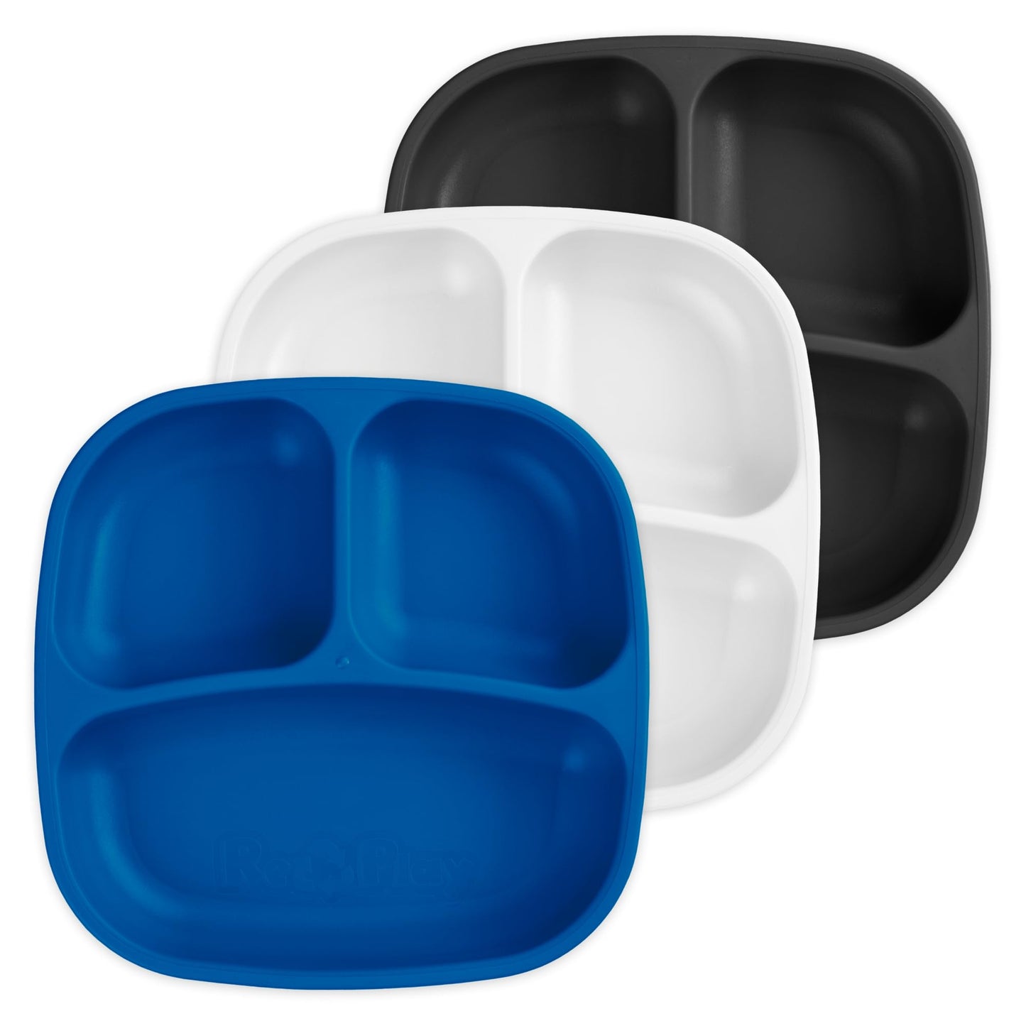 Re-Play Made in USA 7" Deep Walled Divided Plates for Kids, Set of 3 Without Lid - Reusable 3 Compartment Plates, Dishwasher and Microwave Safe - 7.37" x 7.37" x 1.25", Modern Aqua