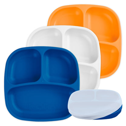 Re-Play Made in USA 7" Deep Walled Divided Plates for Kids, Set of 3 Without Lid - Reusable 3 Compartment Plates, Dishwasher and Microwave Safe - 7.37" x 7.37" x 1.25", Modern Aqua