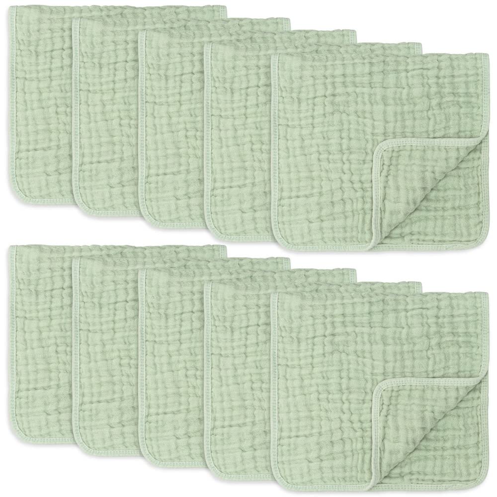 Baby Washcloths, Muslin Cotton Baby Towels, Large 10”x10” Wash Cloths Soft on Sensitive Skin, Absorbent for Boys & Girls, Newborn Baby & Toddlers Essentials Shower Registry Gift (Fern, Pack of 10)