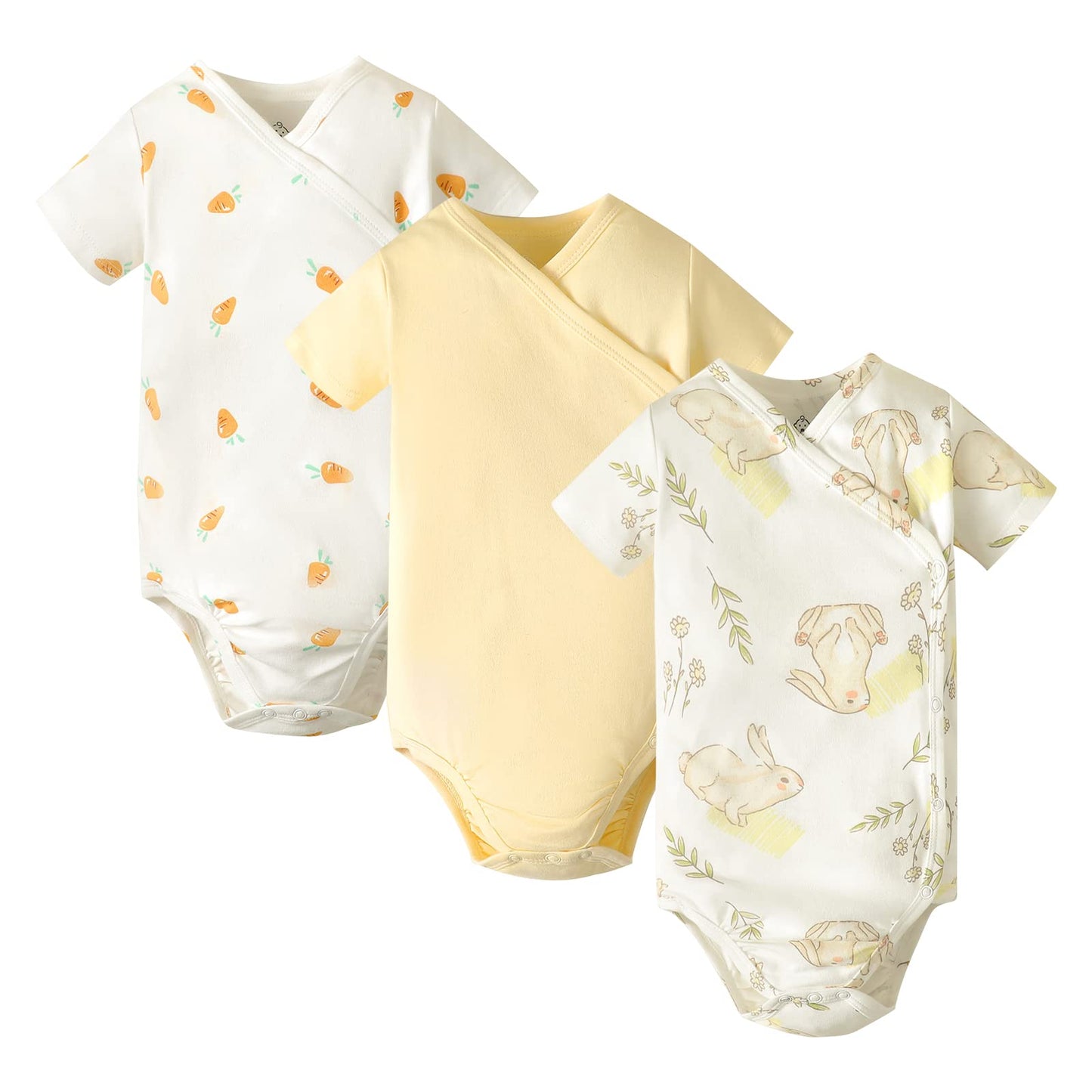 DEFAHN Baby Side Snap Bodysuit Kimono Onsies Newborn Boy Girl 3-Pack 100% Cotton Basic Pattern Kimono Bodysuits (Rainbow/RBear/Block, Newborn)