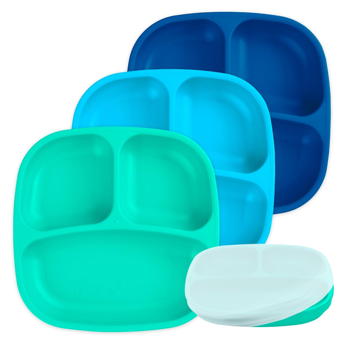 Re-Play Made in USA 7" Deep Walled Divided Plates for Kids, Set of 3 Without Lid - Reusable 3 Compartment Plates, Dishwasher and Microwave Safe - 7.37" x 7.37" x 1.25", Modern Aqua