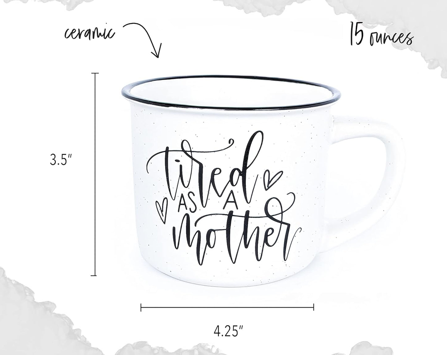 June & Lucy Mom Mug with Stylish Box- Tired as a Mother Novelty Mugs for Mom Cute Large Camping Coffee Mugs for Women - White Coffee Mug with Lettering - 15 oz Microwave and Dishwasher Safe