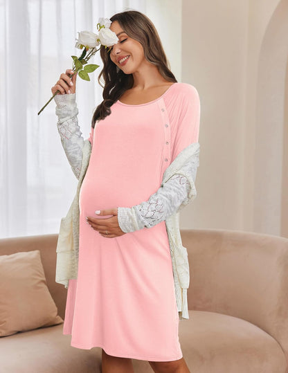 Ekouaer Women’s Nursing/Delivery/Labor Nightgown Long Sleeve Maternity Sleepshirt for Breastfeeding with Button