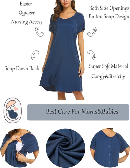 Ekouaer Women’s Nursing/Delivery/Labor/Hospital Nightdress Short Sleeve Maternity Nightgown with Button S-XXL