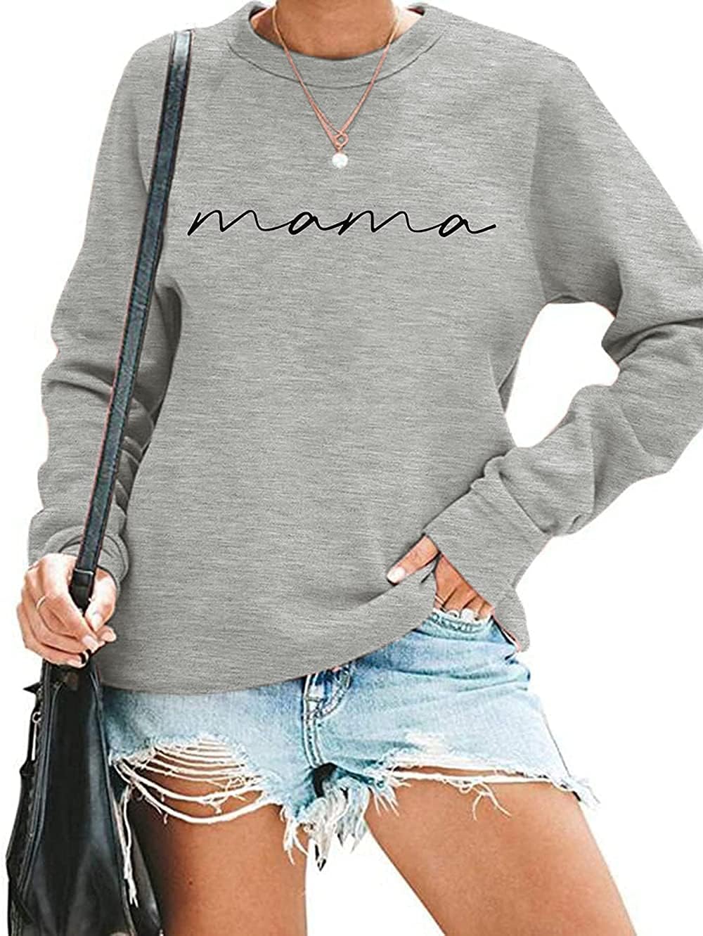 Womens Crewneck Sweatshirt Mama Letter Print Long Sleeve Loose Fashion Pullover Top