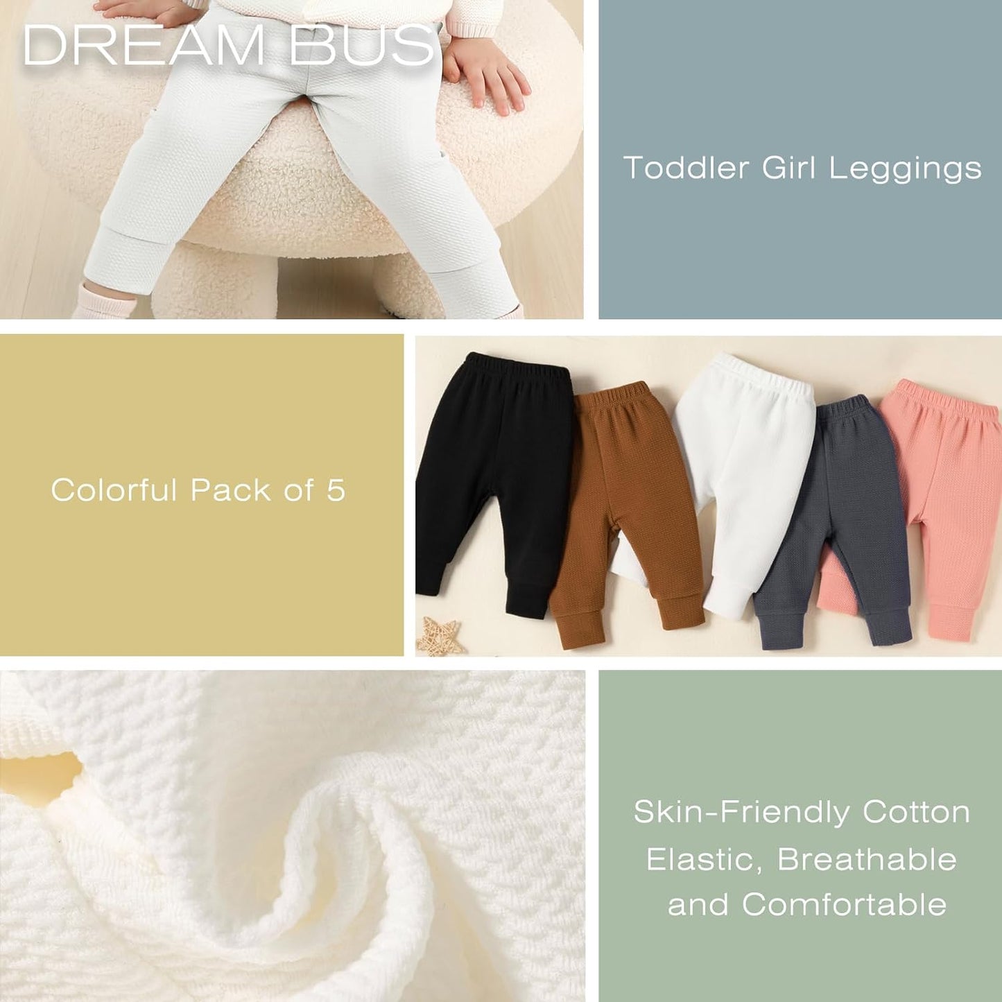 DREAM BUS 5 Pack Baby Pants Toddler Girl Ribbed Ruffle Bell Bottoms Toddler Leggings Baby Boy Pants Newborn Girl Flare Pants