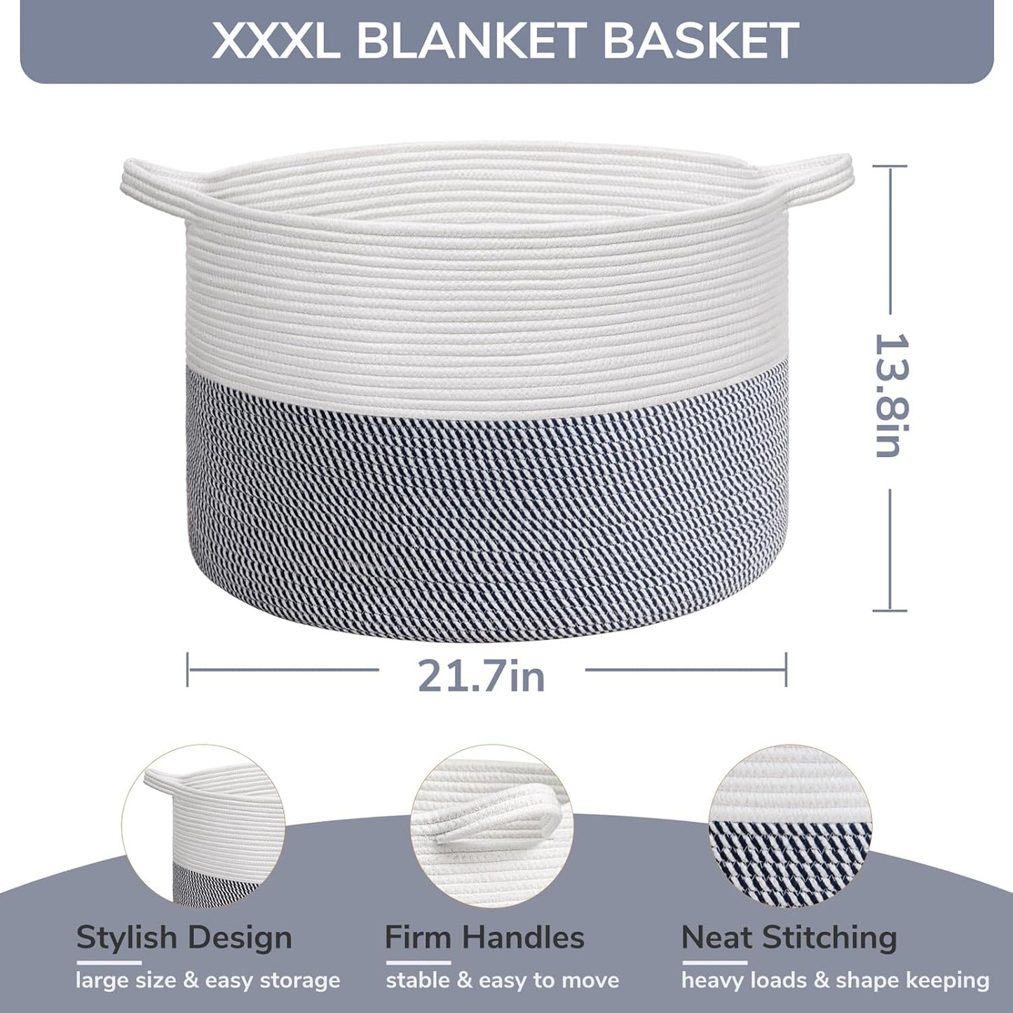 INDRESSME XXXLarge Cotton Rope Basket 21.7" x 21.7" x 13.8" Woven Baby Laundry Blanket Basket Toy Basket with Handle Storage Comforter Cushions Thread Laundry Hamper White & Brown