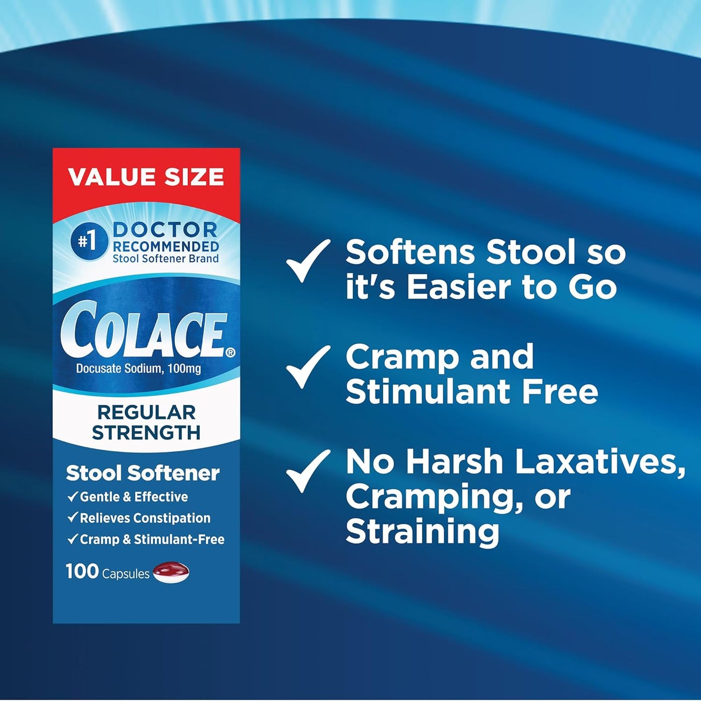 Colace Regular Strength Stool Softener 100 mg Capsules 60 Count Docusate Sodium Stool Softener for Gentle Dependable Relief