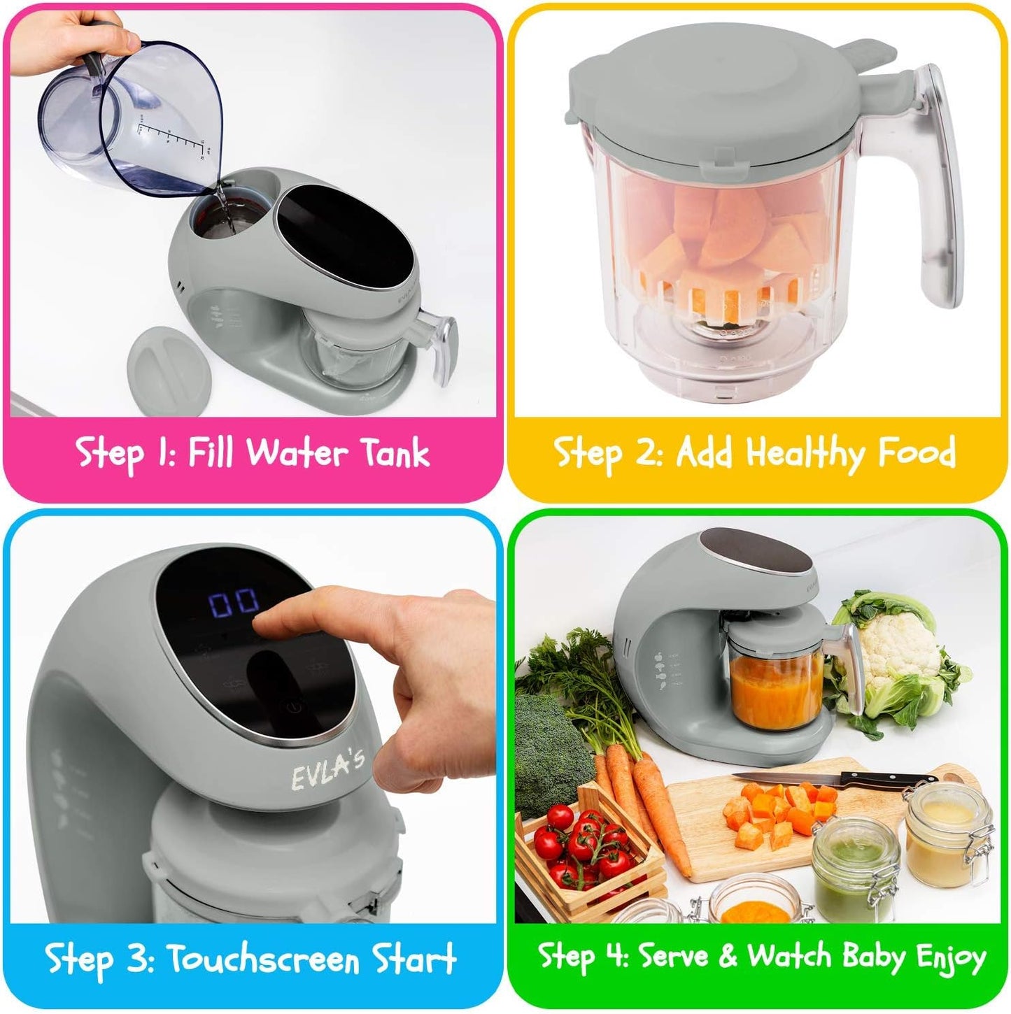 EVLA'S Baby Food Maker, Healthy Homemade Baby Food in Minutes, Steamer, Blender, Baby Food Processor, Touch Screen Control, includes 6 Reusable Food Pouches for Storage or Travel, White