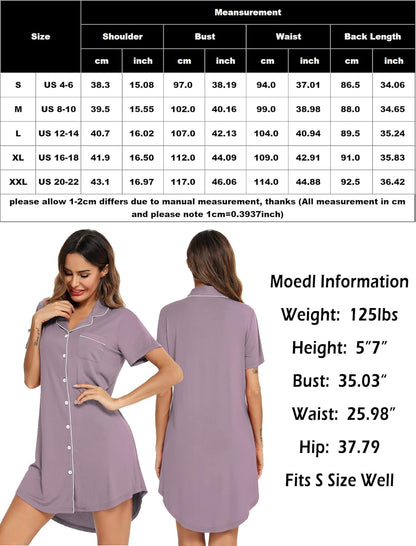 Leikar Nightgowns For Women Button Down Pajamas Dress Short Sleeve Sleepwear S-XXL