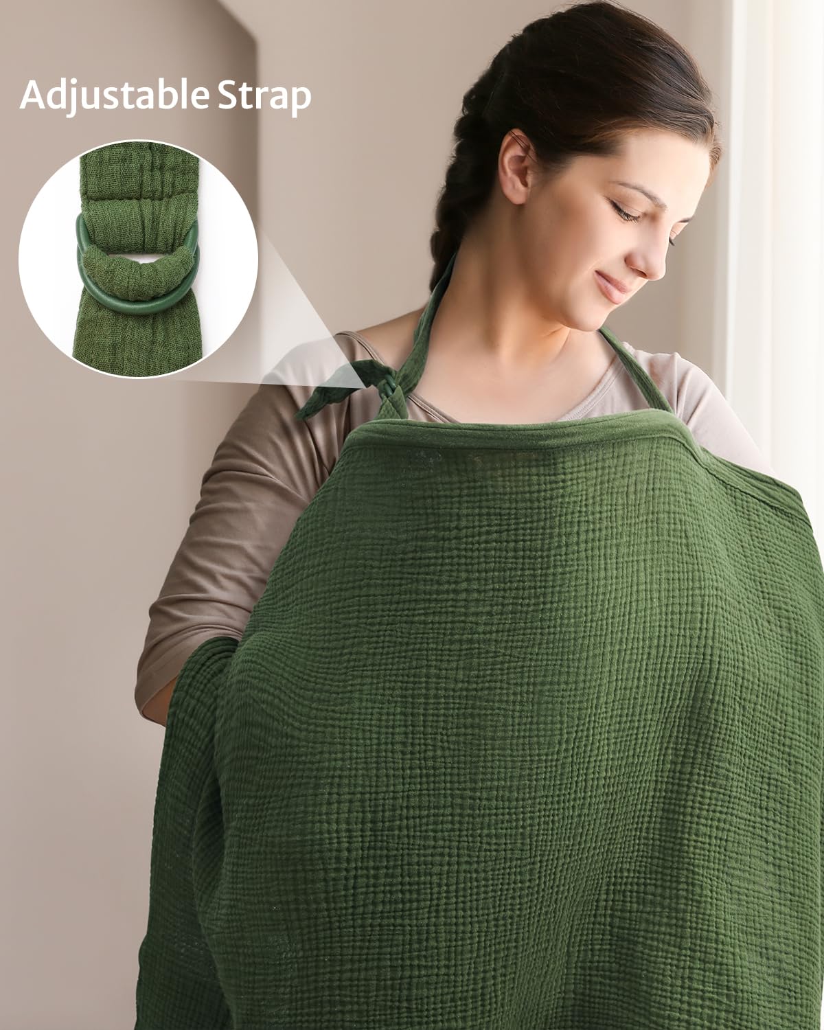 Funda de lactancia de muselina para lactancia materna, fundas de lactancia transpirables con cuello de arco para mamá, delantal de lactancia multiusos de algodón suave (verde romano)