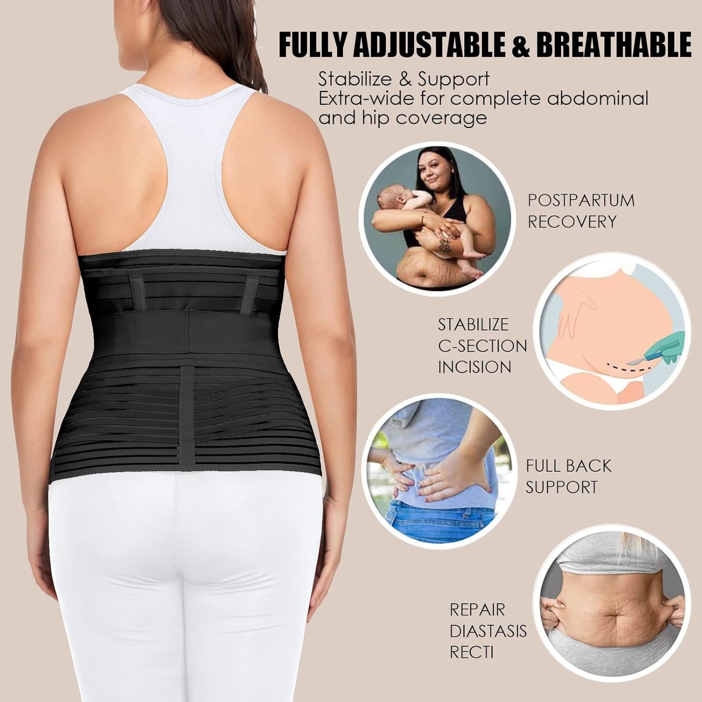 3 in 1 Postpartum Belly Band Wrap Support Recovery Girdles Abdominer Binder Post Surgery Belly&Waist&Pelvis Support Belt & Back Brace(Black, Small/Medium)