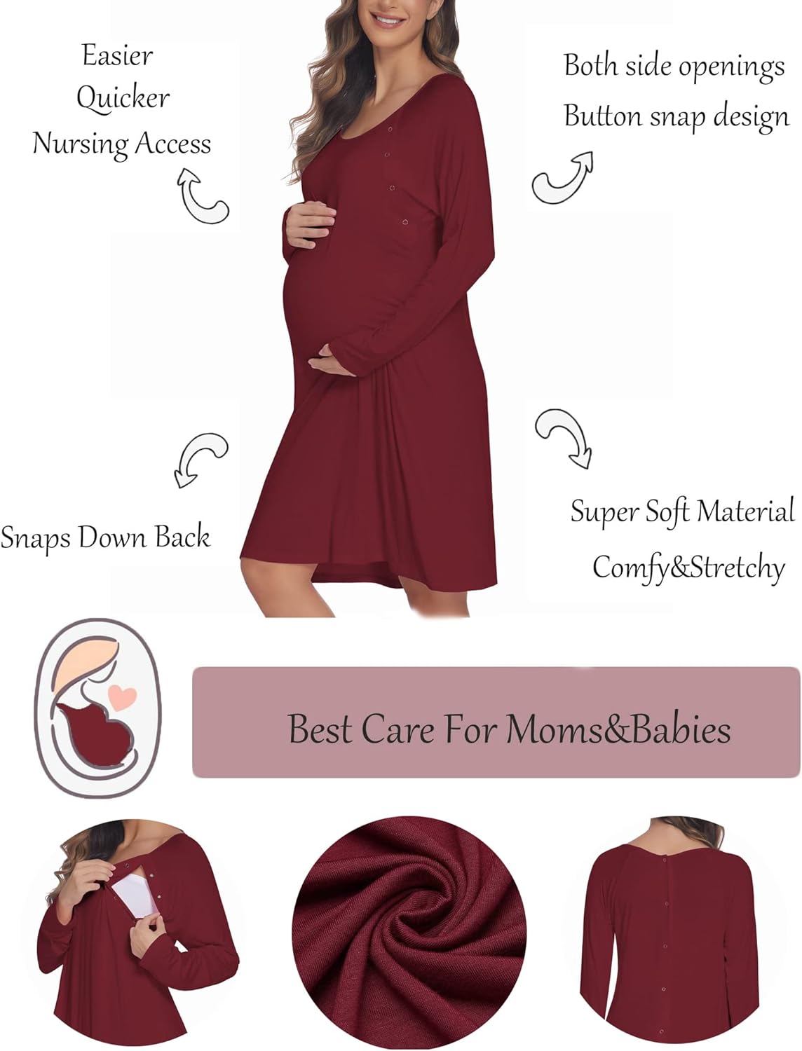 Ekouaer Women’s Nursing/Delivery/Labor Nightgown Long Sleeve Maternity Sleepshirt for Breastfeeding with Button