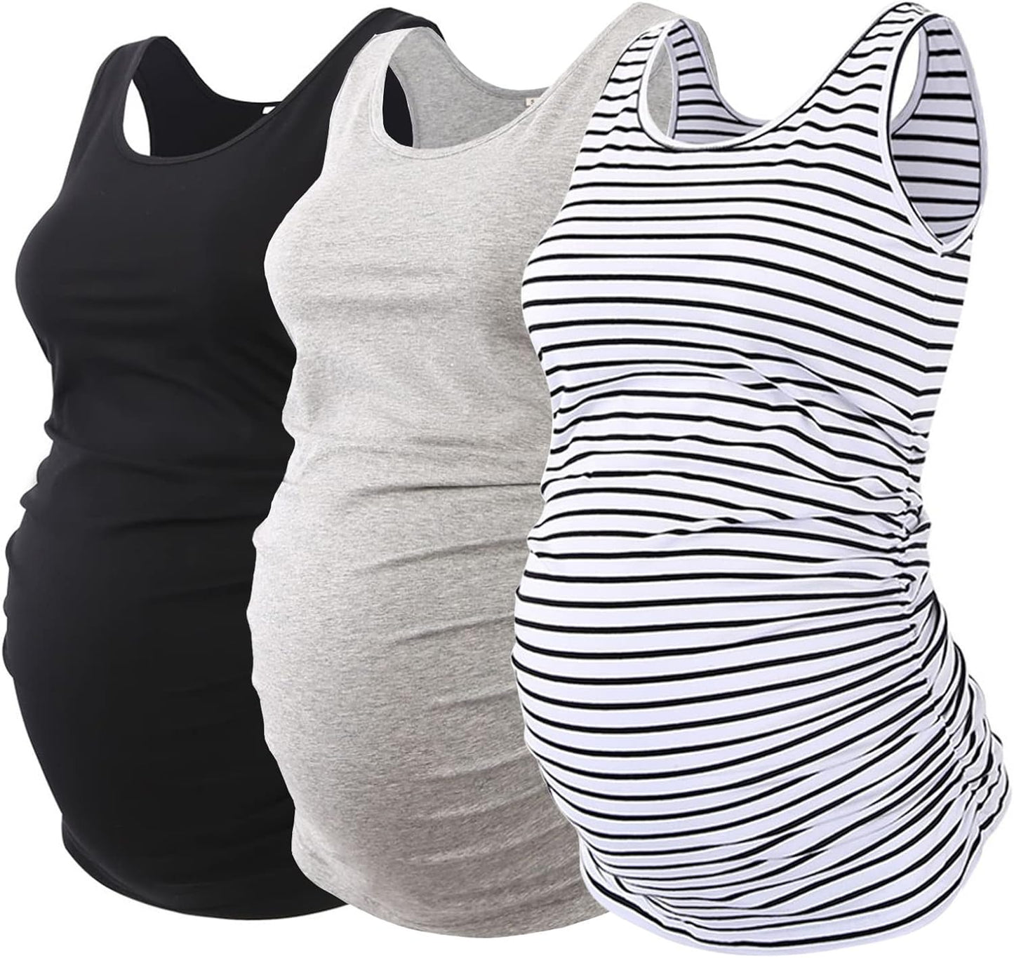 Ecavus 3PCS Womens Layering Maternity Tank Top Pregnancy Shirt Scoop Neck Sleeveless Ruched Vest