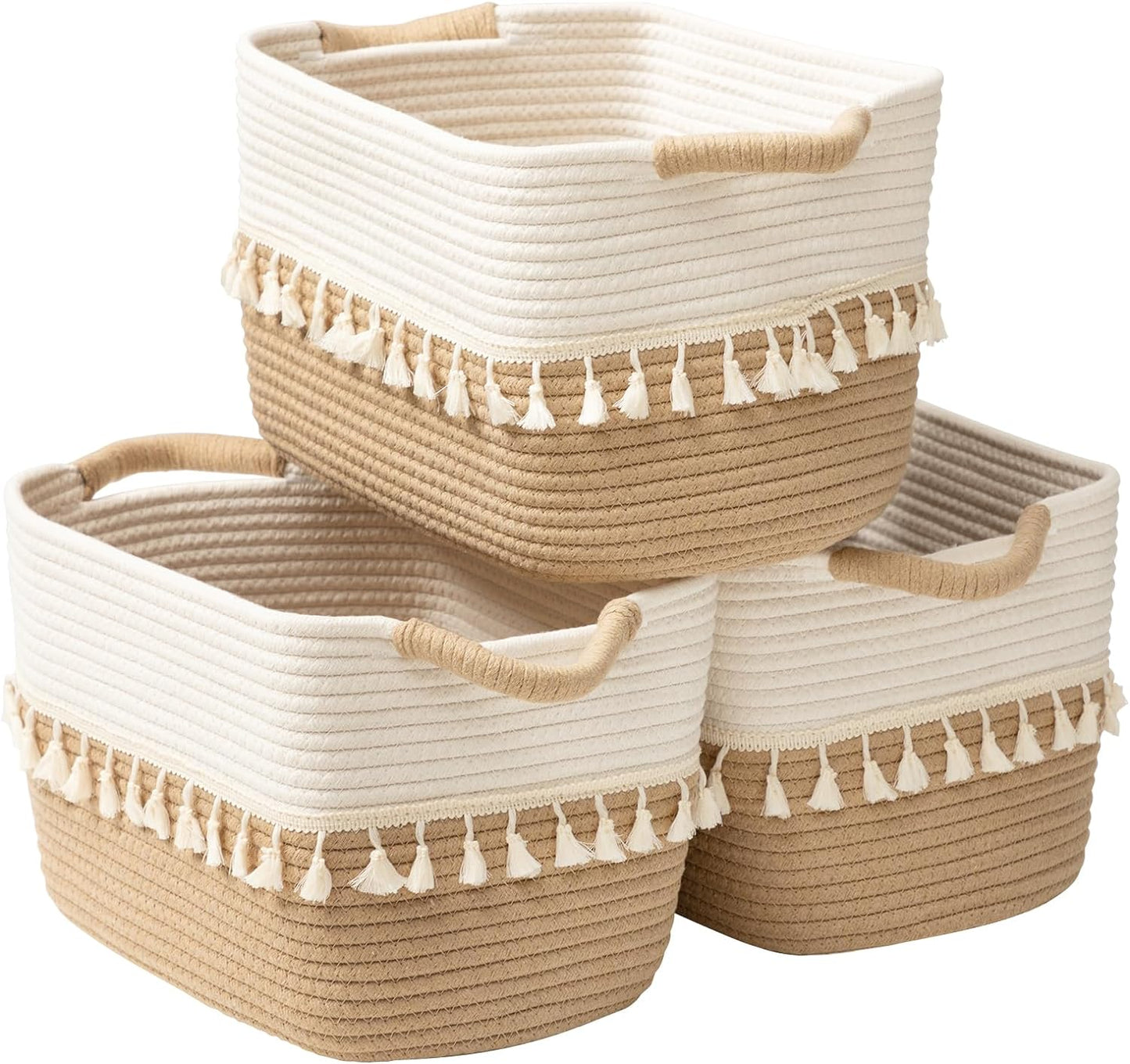 TeoKJ Storage Basket 3 Pack for Organizing, Rope Cotton Baskets for Toy, Clothes, Blankets, Decorative Basket for Living Room, Nursery, Bathroom, Jute