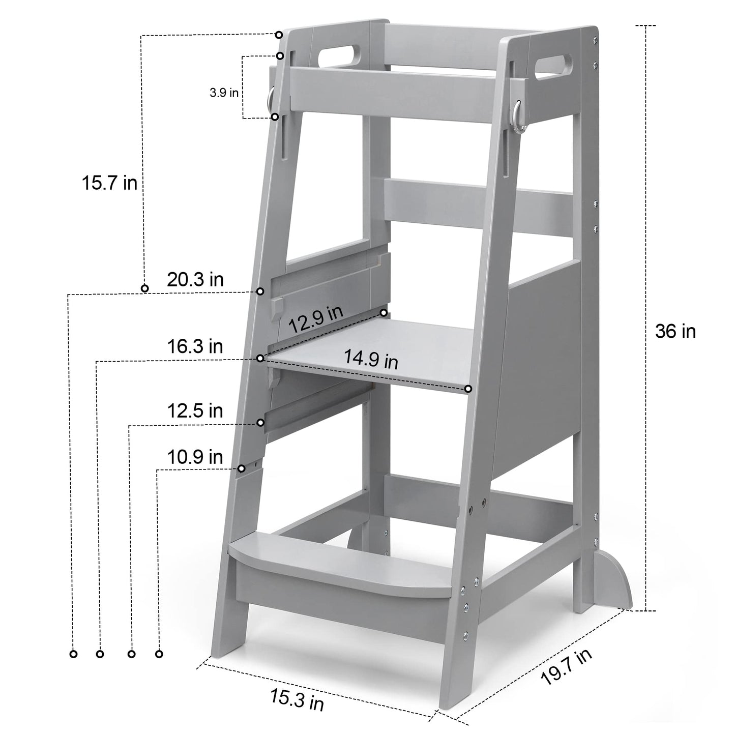 TOETOL Bamboo Toddler Step Stool Grey Learning Standing Helper Tower for Toddlers Kitchen Stools Counter 3 Height Adjustable Helper with Non-Slip Mat