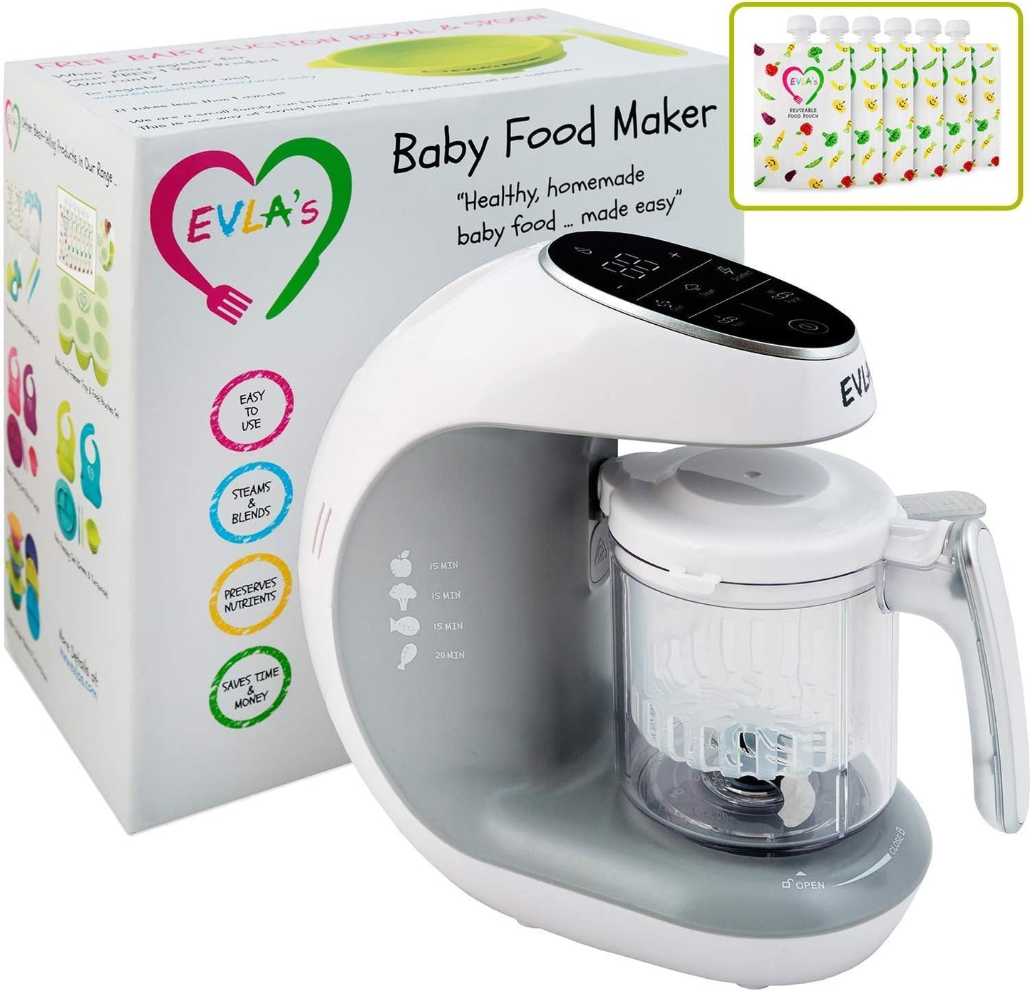 EVLA'S Baby Food Maker, Healthy Homemade Baby Food in Minutes, Steamer, Blender, Baby Food Processor, Touch Screen Control, includes 6 Reusable Food Pouches for Storage or Travel, White