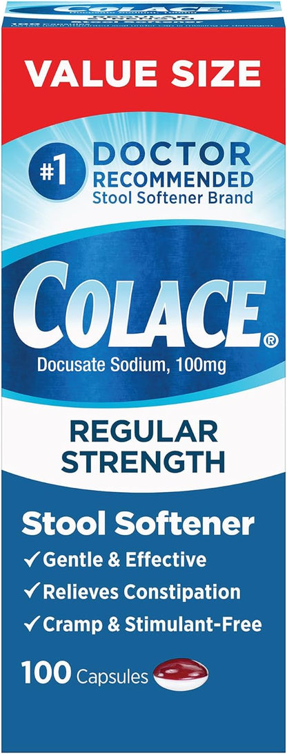 Colace Regular Strength Stool Softener 100 mg Capsules 60 Count Docusate Sodium Stool Softener for Gentle Dependable Relief