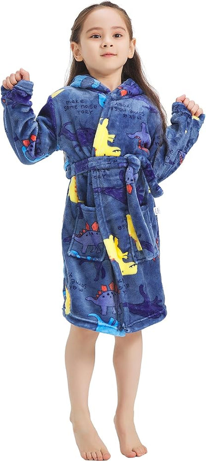 ECHERY Boys Girls Robe Hooded Bathrobe Toddler Robes Soft Coral Fleece Pajamas Unisex Dressing Gown for Kids