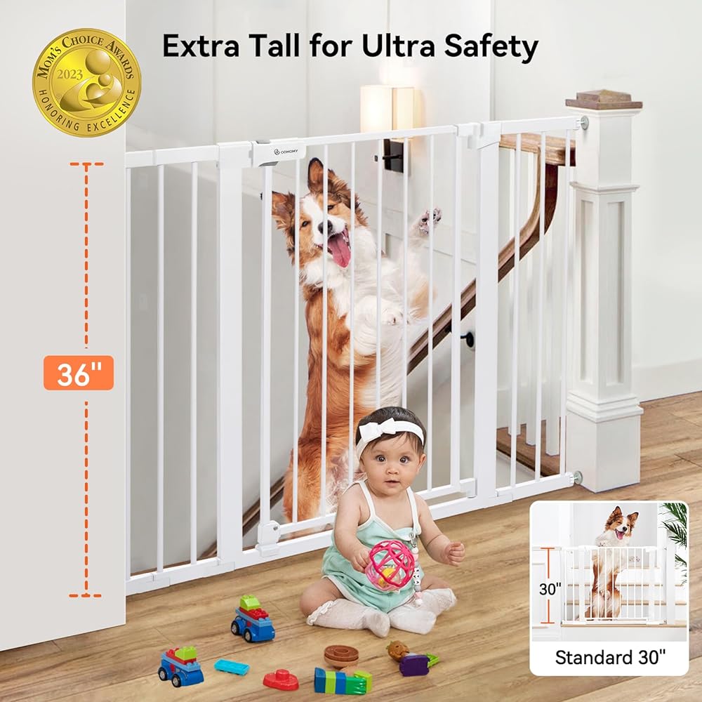 COMOMY 36" Extra Tall Baby Gate for Stairs Doorways, Fits Openings 29.5" to 48.8" Wide, Auto Close Extra Wide Dog Gate for House, Pressure Mounted Easy Walk Through Pet Gate with Door, Black