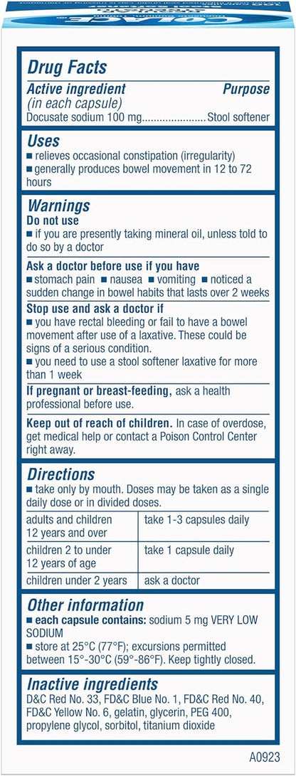 Colace Regular Strength Stool Softener 100 mg Capsules 60 Count Docusate Sodium Stool Softener for Gentle Dependable Relief