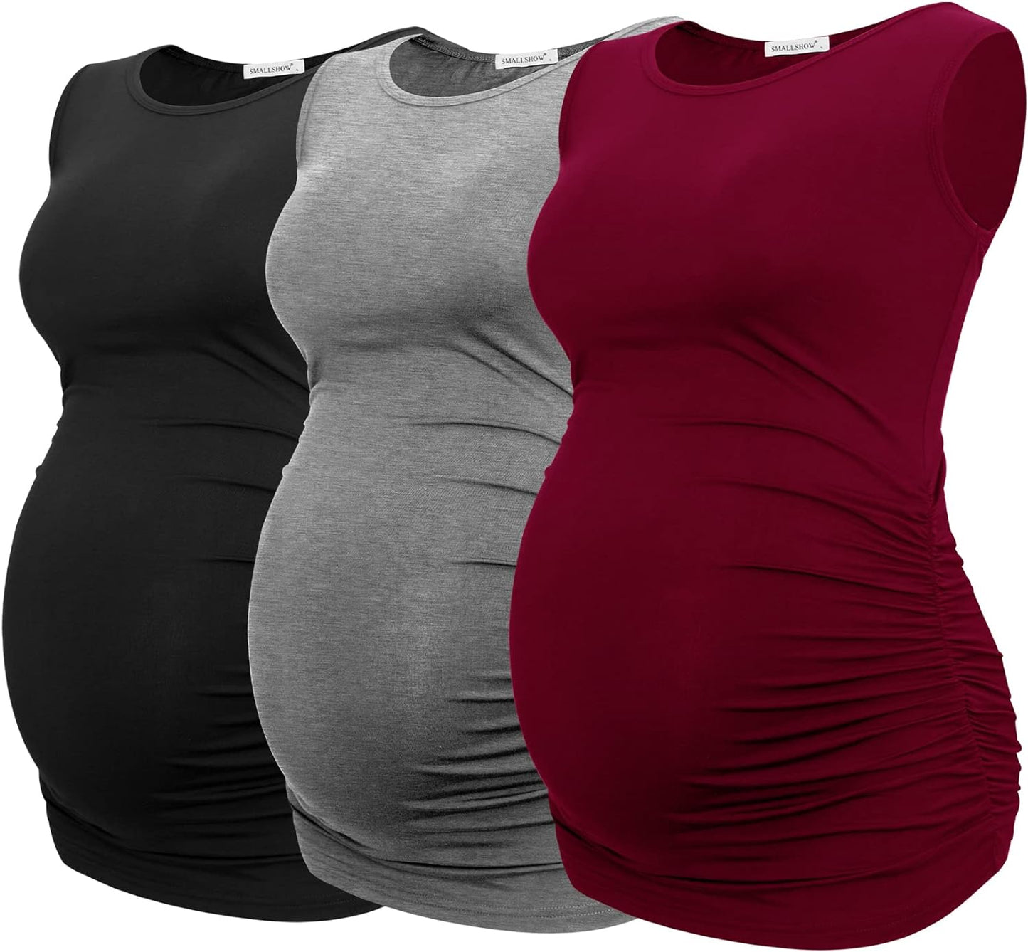 Smallshow Women's Maternity Tank Tops Sleeveless Ruched Pregnancy Clothes 3-Pack