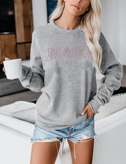 Womens Crewneck Sweatshirt Mama Letter Print Long Sleeve Loose Fashion Pullover Top