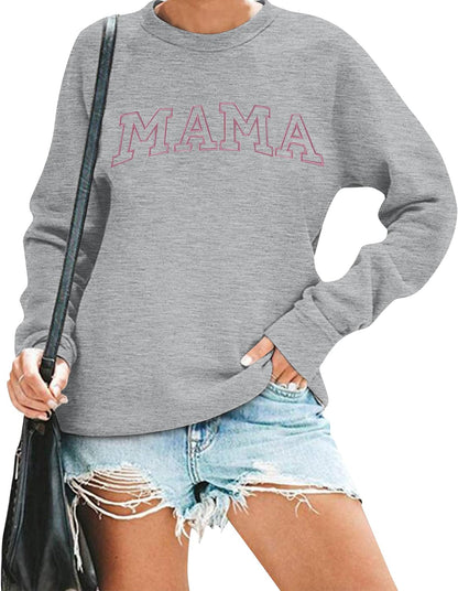 Womens Crewneck Sweatshirt Mama Letter Print Long Sleeve Loose Fashion Pullover Top