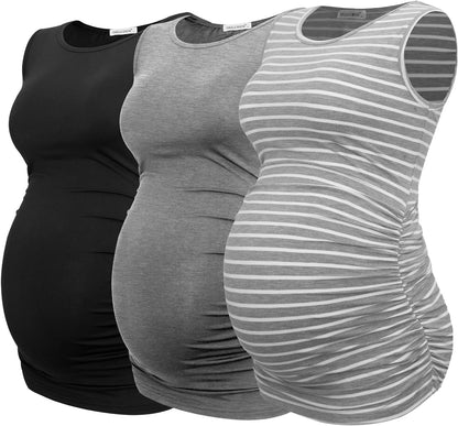 Smallshow Women's Maternity Tank Tops Sleeveless Ruched Pregnancy Clothes 3-Pack