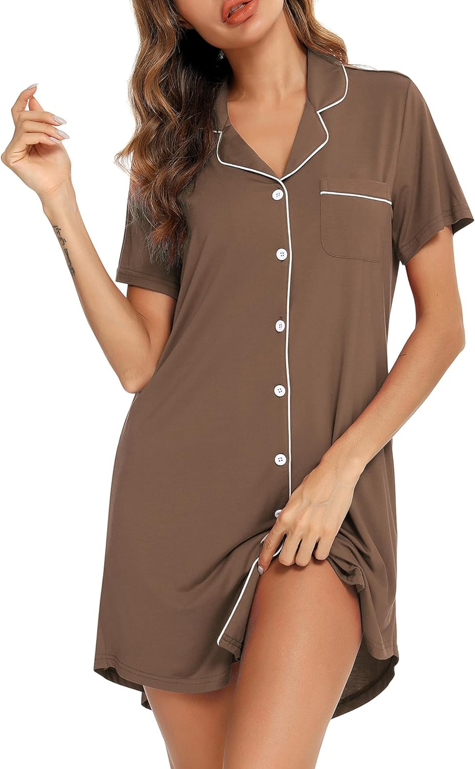 Leikar Nightgowns For Women Button Down Pajamas Dress Short Sleeve Sleepwear S-XXL