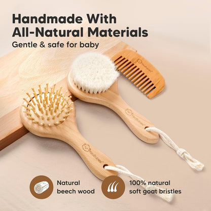 Baby Hair Brush and Comb Set for Newborn - Wooden Baby Hair Brush Set with Soft Goat Bristle, Baby Brush Set for Newborns, Baby Brush and Comb Set Girl,Toddler Cradle Cap Brush (Oval, Walnut)