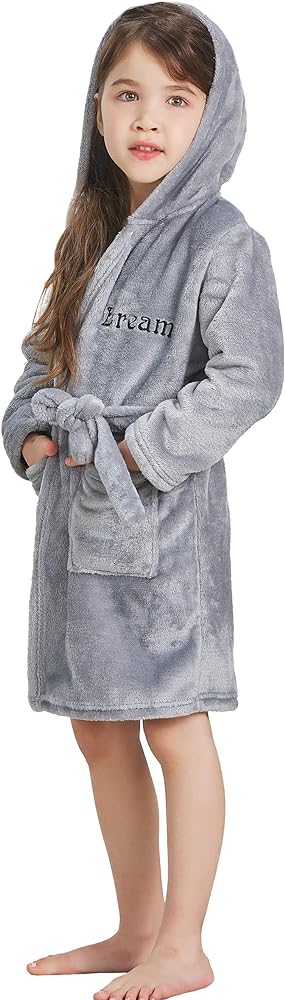 ECHERY Boys Girls Robe Hooded Bathrobe Toddler Robes Soft Coral Fleece Pajamas Unisex Dressing Gown for Kids