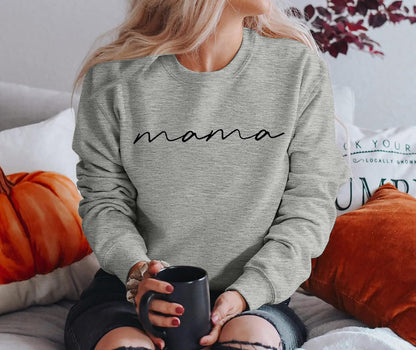 Womens Crewneck Sweatshirt Mama Letter Print Long Sleeve Loose Fashion Pullover Top