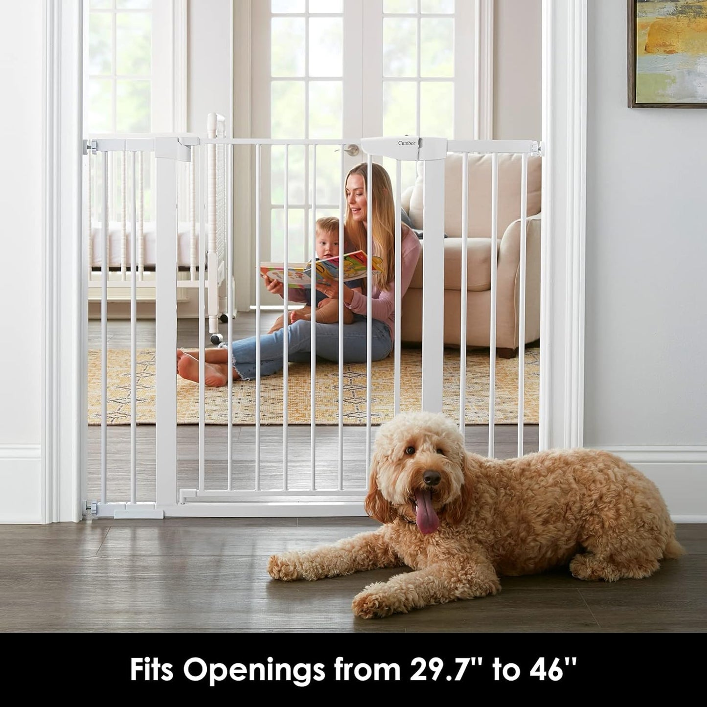 Cumbor 29.7-46" Baby Gate for Stairs, Mom's Choice Awards Winner-Auto Close Dog Gate for the House, Easy Install Pressure Mounted Pet Gates for Doorways, Easy Walk Thru Wide Safety Gate for Dog, Black