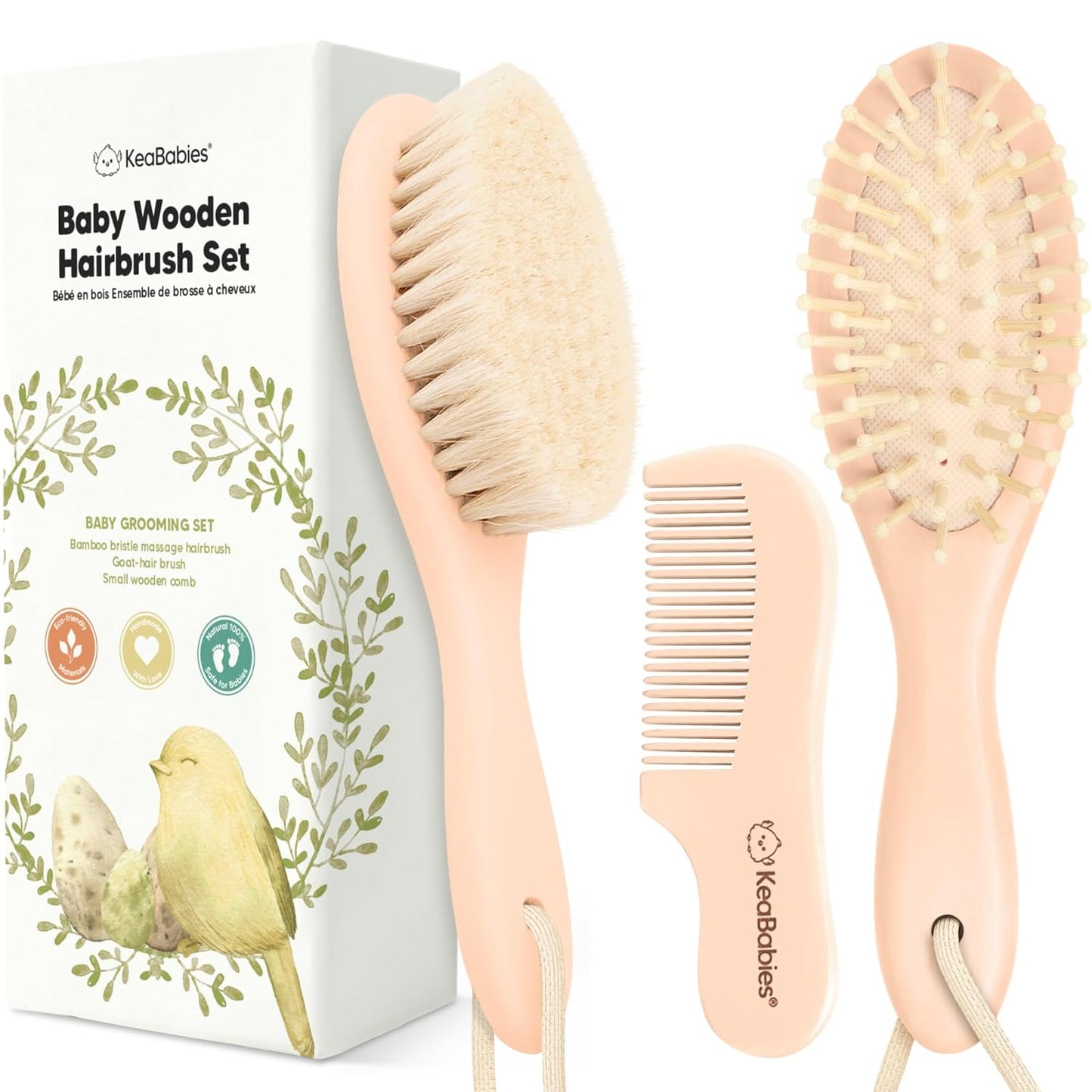 Baby Hair Brush and Comb Set for Newborn - Wooden Baby Hair Brush Set with Soft Goat Bristle, Baby Brush Set for Newborns, Baby Brush and Comb Set Girl,Toddler Cradle Cap Brush (Oval, Walnut)