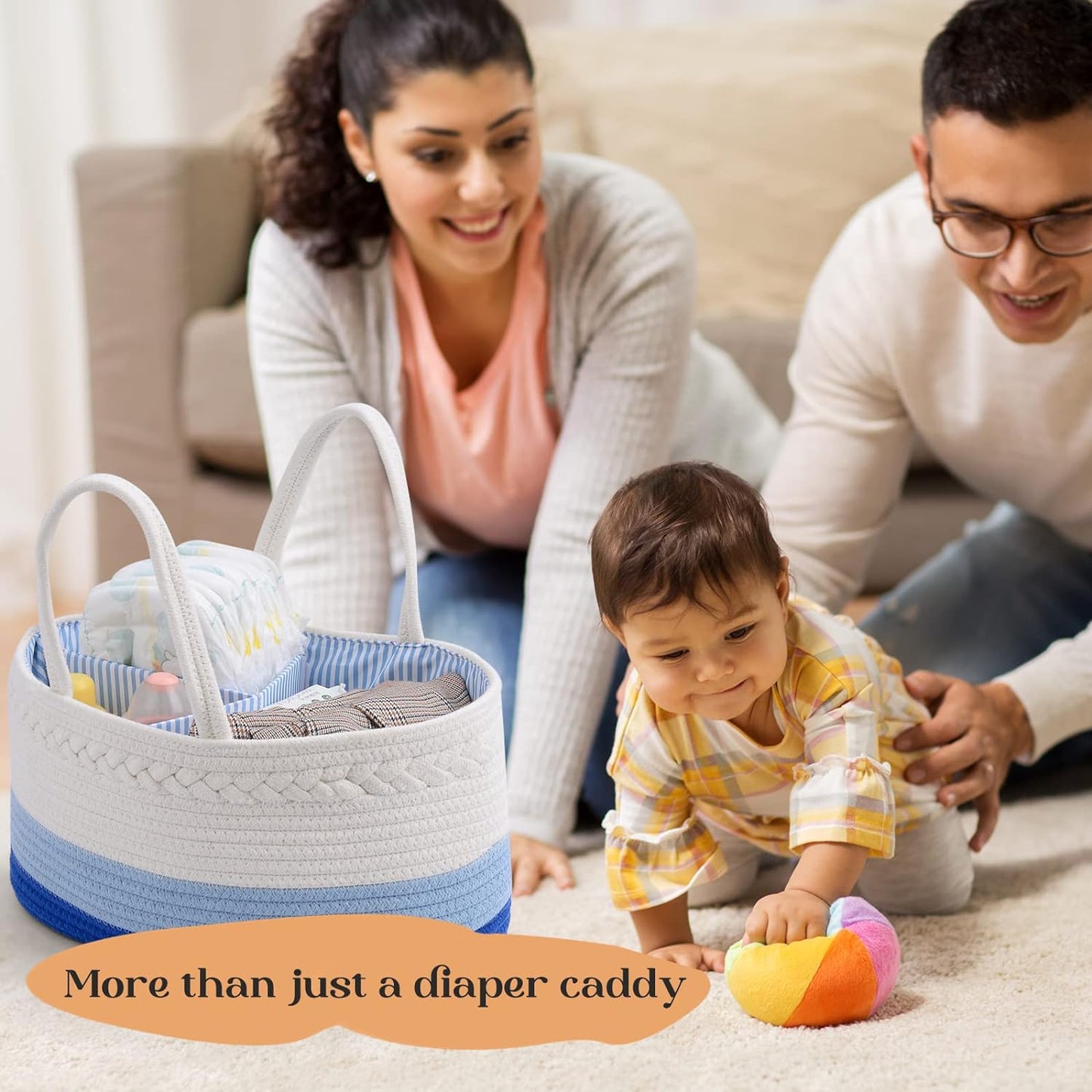 luxury little Diaper Caddy Organizer, Large Cotton Rope Nursery Basket, Changing Table Baby Diaper Storage Portable Car Organizer with Removable Divider, Baby Shower Gifts - White