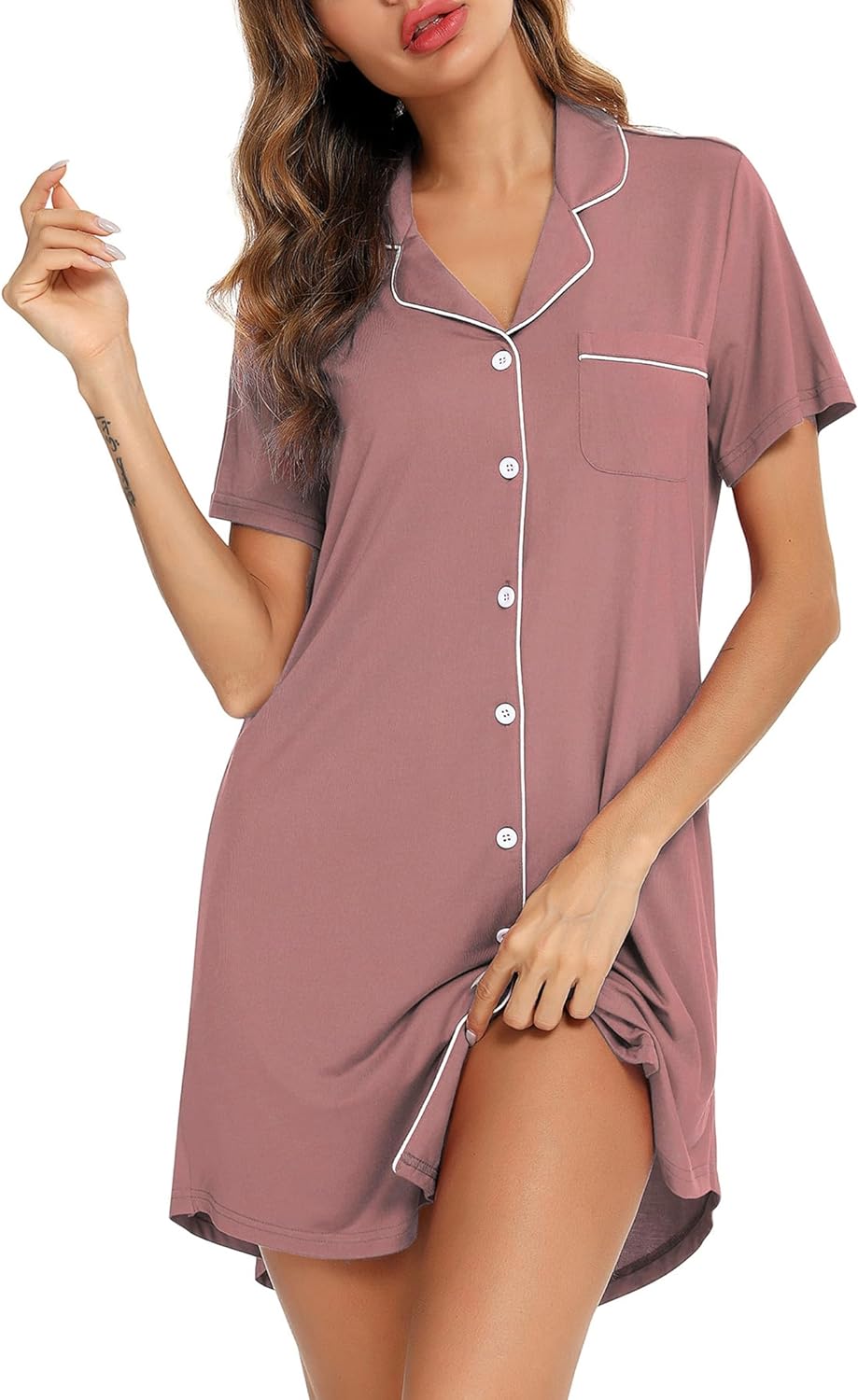 Leikar Nightgowns For Women Button Down Pajamas Dress Short Sleeve Sleepwear S-XXL