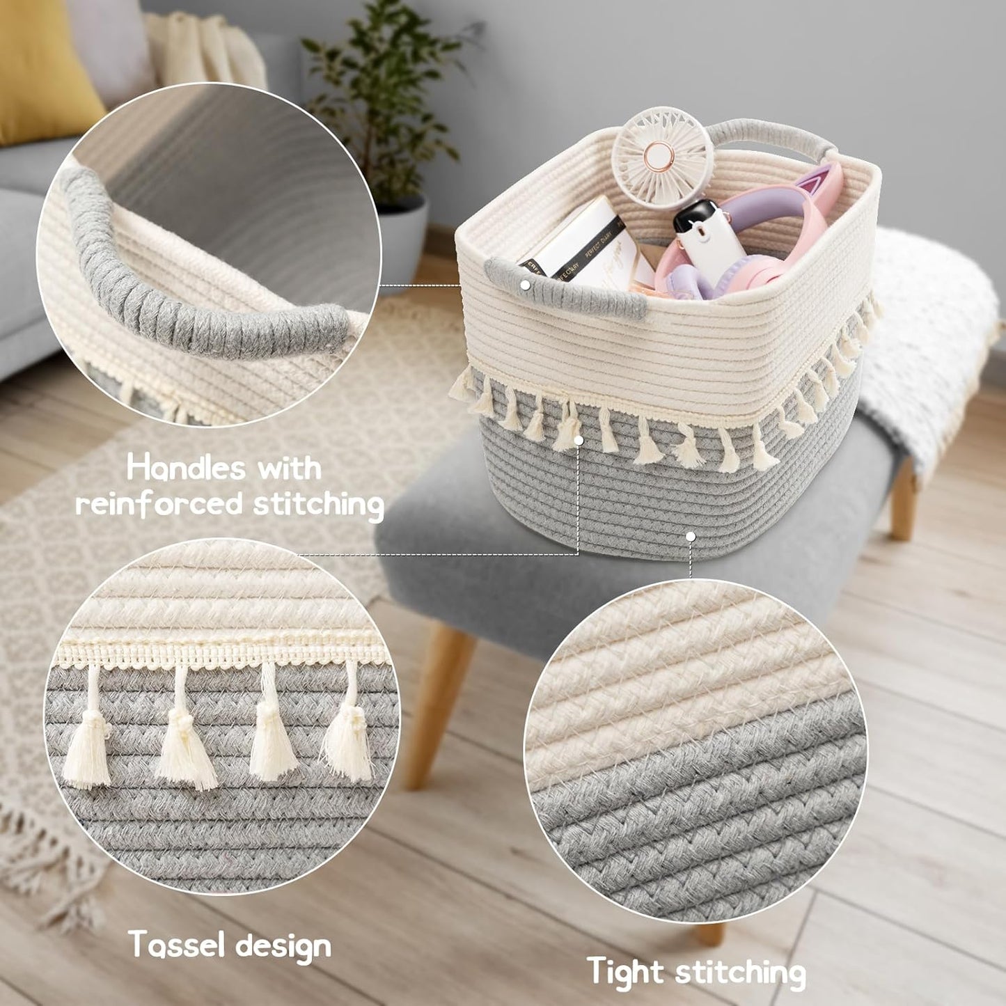 TeoKJ Storage Basket 3 Pack for Organizing, Rope Cotton Baskets for Toy, Clothes, Blankets, Decorative Basket for Living Room, Nursery, Bathroom, Jute