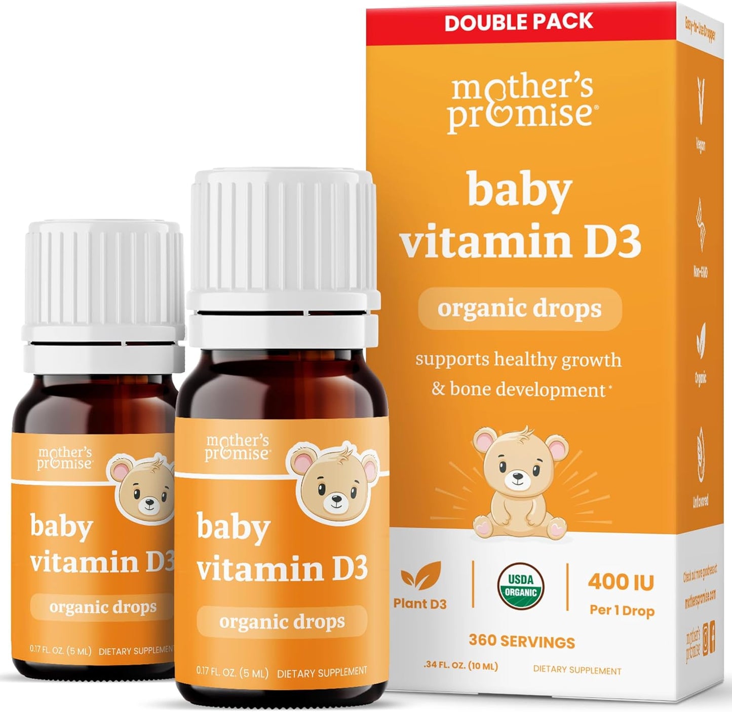 Organic Vitamin D Drops for Babies, Infants & Toddlers | 100% Plant-Based, 180 Servings 400 IU Baby Vitamin D3 Liquid Supplement | Supports Healthy Growth, Bones, Heart & Immune Health for Newborns