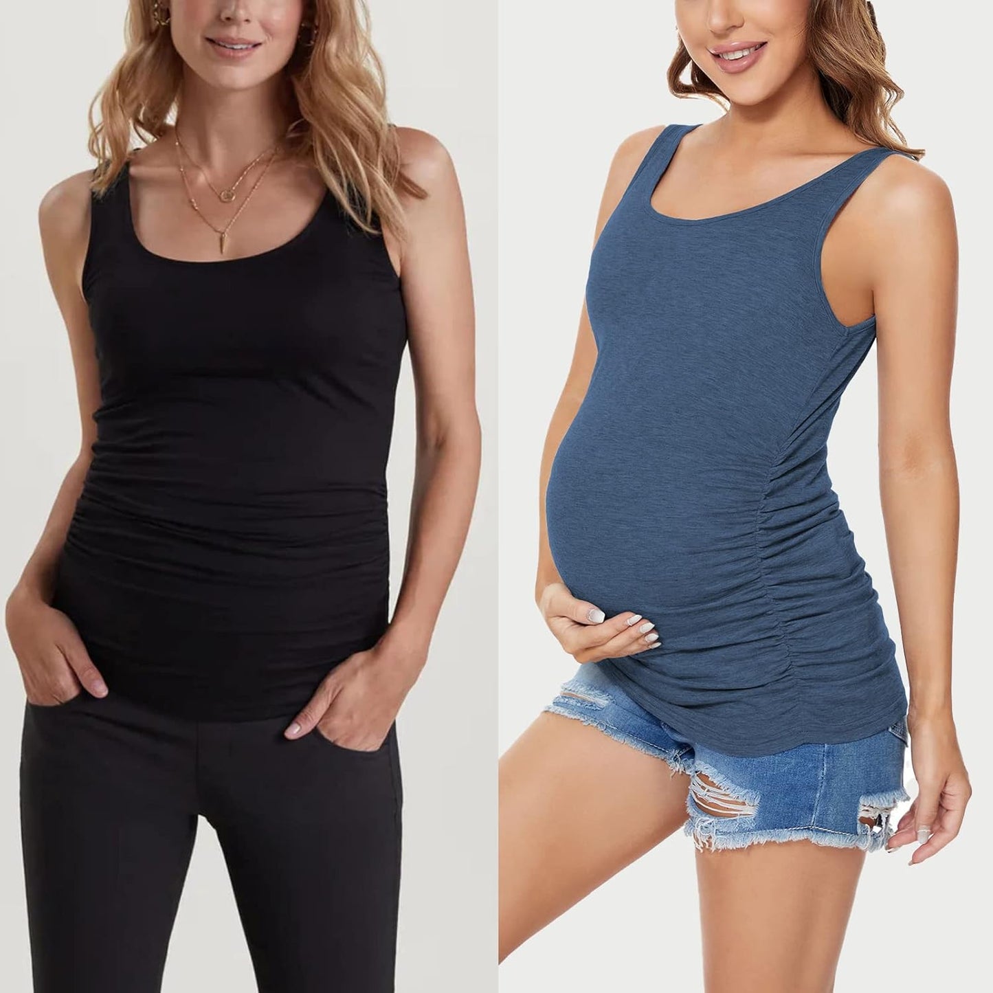 Ecavus 3PCS Womens Layering Maternity Tank Top Pregnancy Shirt Scoop Neck Sleeveless Ruched Vest