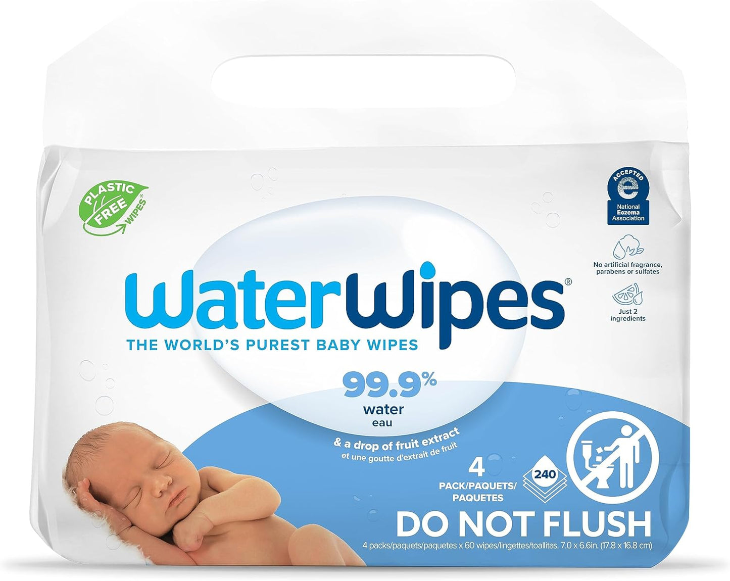 WaterWipes Plastic-Free Original Baby Wipes, 99.9% Water Based Wipes, Unscented & Hypoallergenic for Sensitive Skin, 60 Count (Pack of 12), Packaging May Vary