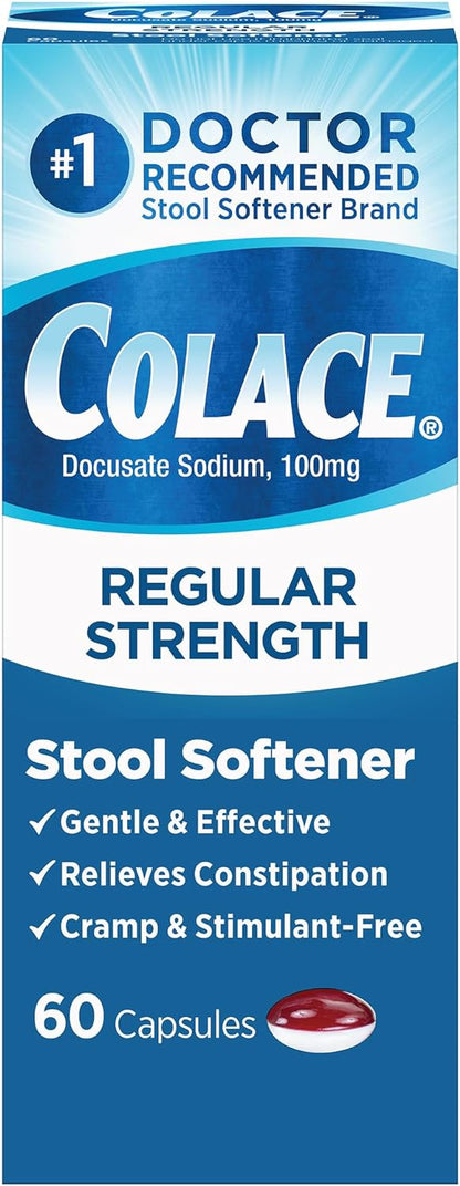 Colace Regular Strength Stool Softener 100 mg Capsules 60 Count Docusate Sodium Stool Softener for Gentle Dependable Relief