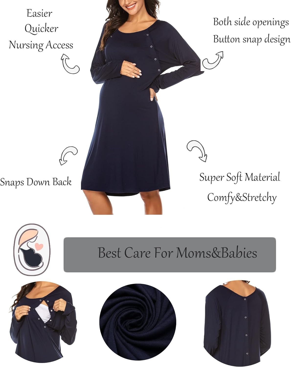 Ekouaer Women’s Nursing/Delivery/Labor Nightgown Long Sleeve Maternity Sleepshirt for Breastfeeding with Button